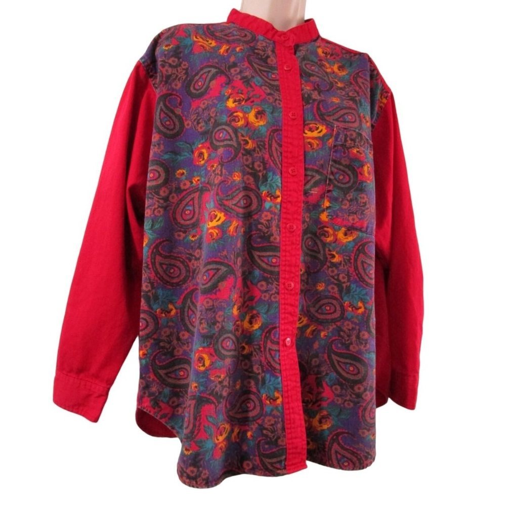 Vintage Gitano Red Purple Paisley Floral Stand Up Collar Ladies Large Button Up